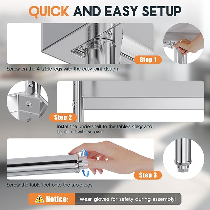 Jocisland 30" x 60" Stainless Steel Table for Prep & Work Adjustable Under Shelf and Feet, for Commercial Kitchen, Restaurant, Hotel and Garage