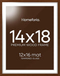 Homeforia 14x18 Picture Frame Brown, High End Dark Oak 14x18 Poster Wood Frame with Mat 12x16 for Photo, 14 x 18 Wooden Walnut Frame Matted to 12 x 16, 18x14 Frames, Tempered Glass, Wall Kit, Set of 1