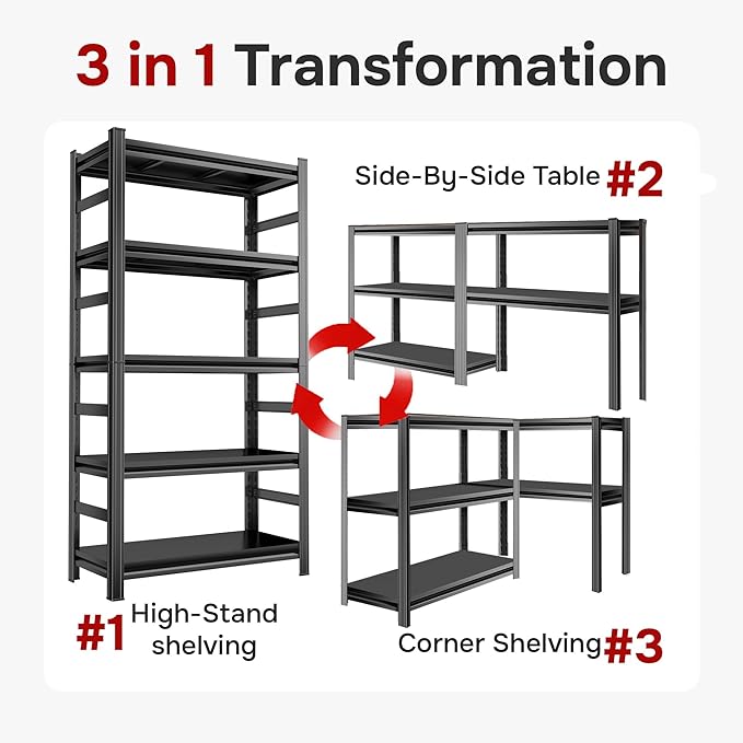 78" H X 48" W Heavy Duty, 5-Tier Metal Garage Shelving Unit | 3800LB Capacity| Garage & Basement Storage | Storage Shelves for Warehouses & Workshops | Adjustable, Rust-Resistant, Black