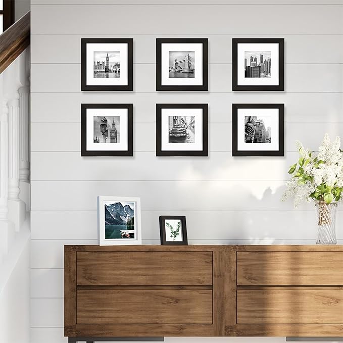 6x6 Black Picture Frames set of 3, Made of Wooden and Real Glass Square Photo frame - Displays 4x4 Picture With Mat or 6 x 6 Without Mat, Desktop & Wall Collage Frame set