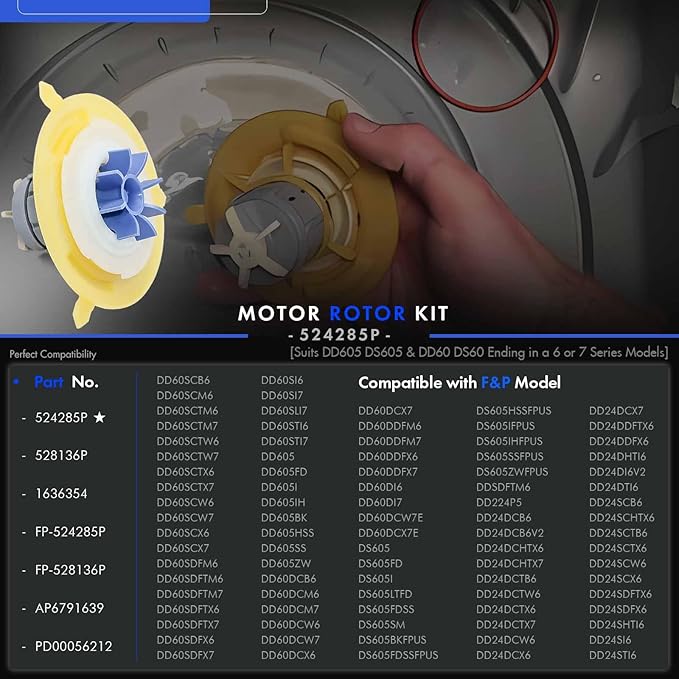 524285P Motor Rotor Assembly DSC Dishwasher Drawer Pump, Suits Models DD605 DS605 DD60S DD60D DD24S DD24D DD224 DDSDF Replace # 528136P