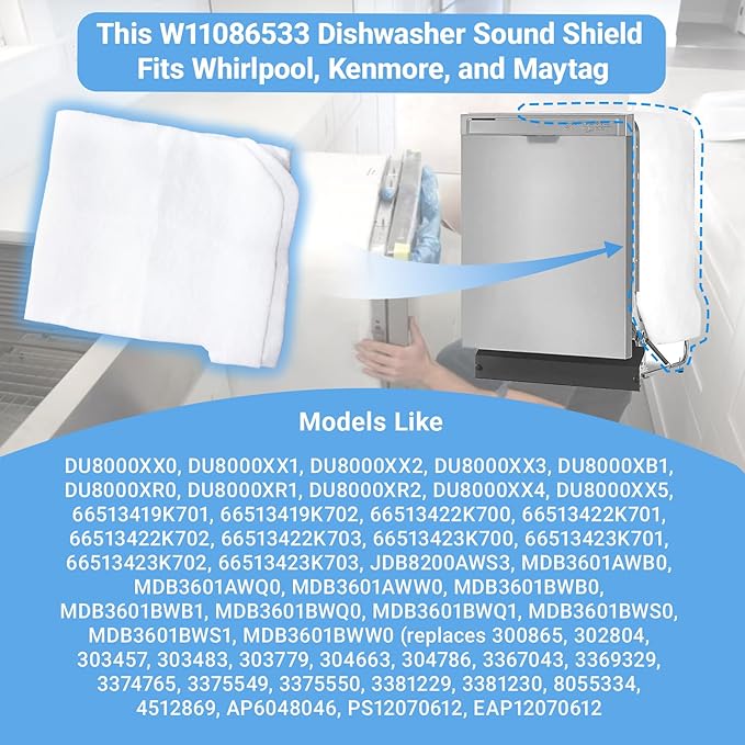 W11086533 dishwasher sound insulation，dishwasher insulation blanket- Fits Whirlpool, Kenmore, Maytag -,insulation pad for dishwasher Replacement for AP6048046