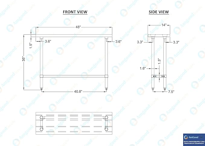 AmGood Stainless Steel Work Table Open Base | NSF Kitchen Island Food Prep | Laundry Garage Utility Bench (48" Long X 14" Deep)