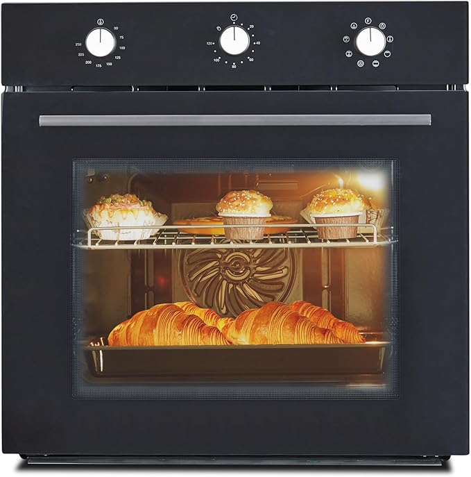 24 Inch Built-in Electric Single Wall Oven, 2.5Cu.ft. Stainless Steel Convection Oven with 8 Cooking Functions, Mechanical Knob Control, Timer, Convection Fan and Safety Lock, 3000W, Black
