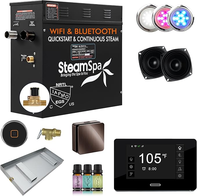 SteamSpa Steam System 6kW Steam Shower Generator with Bluetooth Wifi, Quickstart Continous Steam, Advanced Touch Pad Screen, Chroma Lights, Drain Pan and Auto Drain Oil Rubbed Bronze RVBS600ORB-A