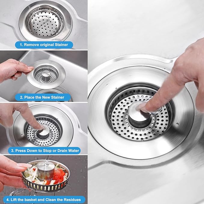 2 Pack Kitchen Sink Drain Strainer & Stopper with Basket, Stainless Steel Drain Plug Cover Catcher for Food Waste - Sink Accessories for Home or Kitchen Sink Shroom Fit US Standard 3-1/2'' Drain Hole