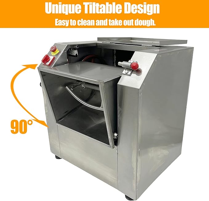 TECHTONGDA Commercial Dough Mixer All Stainless Steel Flour Mixer Dough Kneading Machine 110V Heavy Duty Dough Blender Stand Food Mixer with 15 KG Kneading Capacity and 90 Degree Tilt Bowl