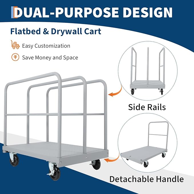 Steel Panel Truck Cart 36x24 inch, 2 in 1 Industrial Grade Platform Truck with 2200 LBS Capacity, Heavy Duty Drywall Dolly with 3 Removable Side Handrails & Swivel Wheels