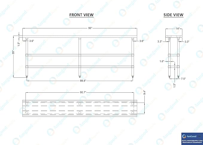 AmGood Stainless Steel Work Table with 2 Shelves | NSF | Metal Utility Table (96" Long x 14" Deep)