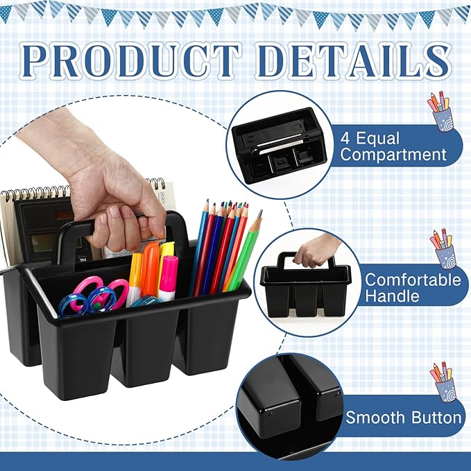 WILLBOND 12 Pcs Classroom Storage Caddies Stackable Utility Caddies with 4 Compartment Plastic Caddy with Handle Portable Storage Bins Organizers for Kids Schools Art Craft Supplies