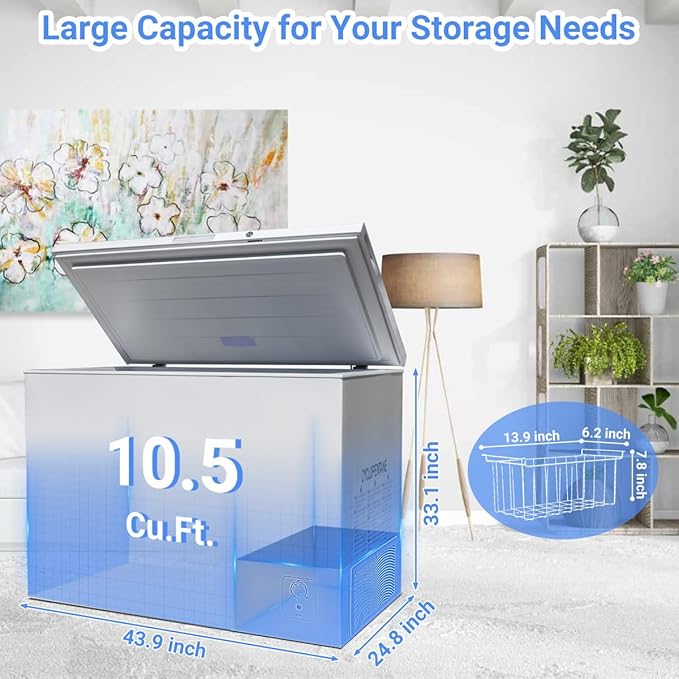 Smad Chest Freezer 10 Cu. Ft. Large Deep Freezer with Lock and 3 Removable Baskets, 4 wheels, Adjustable Thermostat, Low Noise, Garage Ready for Home, Kitchen, White