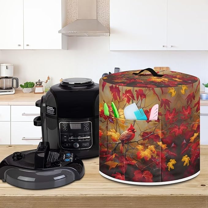 Xoenoiee Cardinal Bird Kitchen Appliance Dust Cover with Pockets, Maple Leaf Print Electric Pressure Cooker Cover Compatible with Crock Pot, Rice Cooker Covers Fall Decor, for 8 Qt Pot