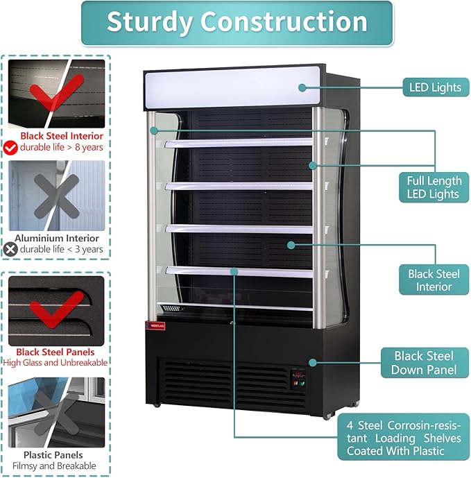 WESTLAKE Commercial Refrigerator Open Air Merchandiser with Night Curtain 24 Cu.ft 45.7” W 25.6" D Upright Fan Cooling Display Cooler for Stores, Supermarkets, Bar, Shops, etc