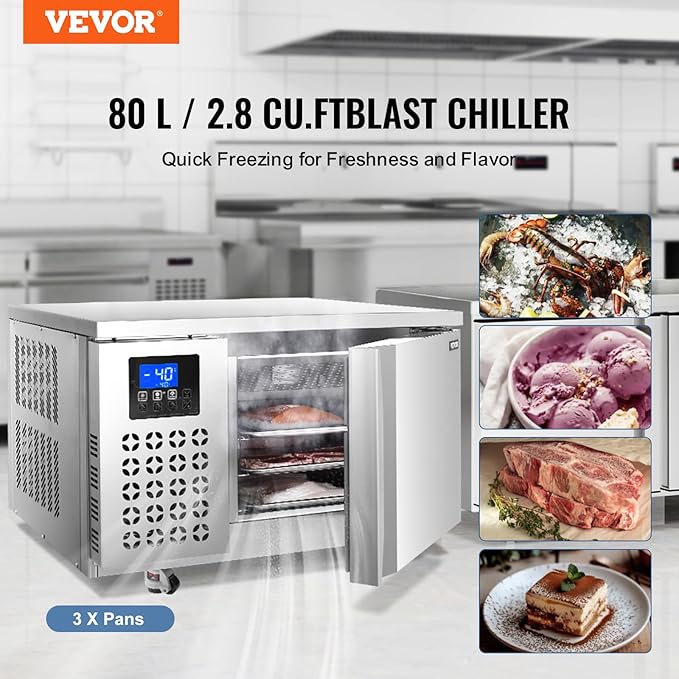 VEVOR 80 L Blast Chiller, 3 Trays Commercial Flash Freezers, <-31~68°F> 4 Modes Chest Shock Frozen, 304 Stainless Steel Flash Freezer, 360° De-frost Blast Chiller with Casters for Seafood, Ice Cream