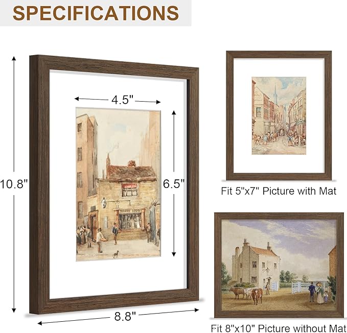 Vittanly 8x10 Picture Frame, Solid Wood Frame with Plexiglass, Includes 5x7 Mat, Wall Hanging or Tabletop for Home Decor, Brown, 1 Pack