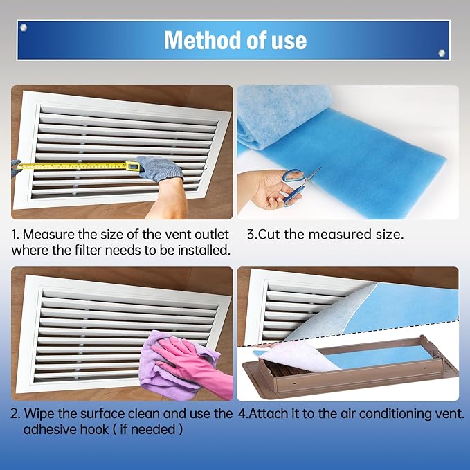Air Vent Filter, 2 Pack 20"X120" Cut to Size MERV 8 Triple Air Filter Material, Blue & White Electrostatic Vent Filter Kit for Home Floor, Ceiling, Grilles, HVAC Vent, Compression Packing