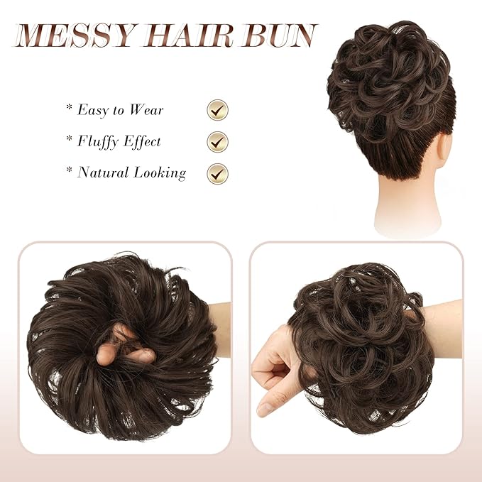 FESHFEN Large Messy Bun Hair Piece - Wavy Synthetic Chignon Scrunchies Elastic Ponytail Hair Extensions Thick Hairpieces for Women, Medium Chestnut Brown 1.94oz