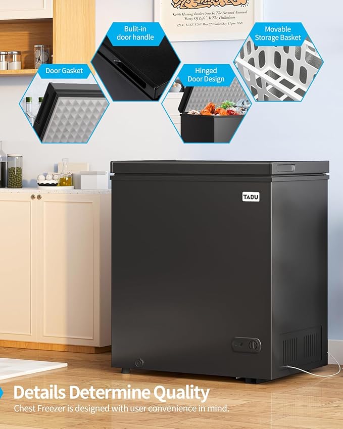 TABU 7.0 Cubic Feet Chest Freezer, Energy Saving Chest Deep Freezer with 7 Level Adjustable Thermostat, Top Opening Compact Freezer with Removable Storage Basket (Black)