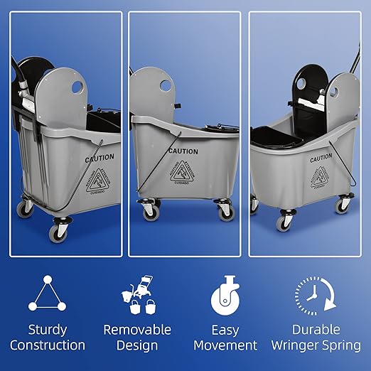 HOMCOM 9.5 Gallon (38 Quart) Mop Bucket with Wringer Cleaning Cart, 4 Moving Wheels, 2 Separate Buckets, & Mop-Handle Holder, Grey