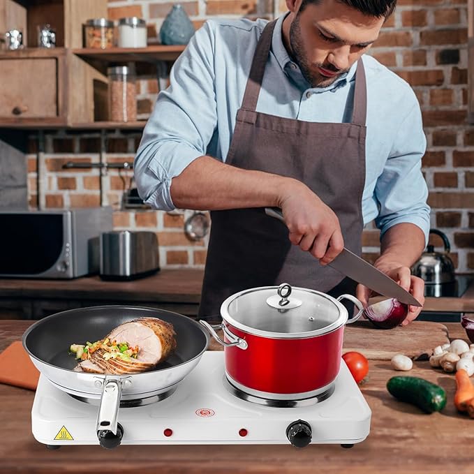 2000W Double Burner Electric, Portable Hot Plate for Cooking, Cooking Stove with 5 Temperature Adjustments, Countertop Burner Cooktop for Kitchen, Dorm (White, 17x8x3")