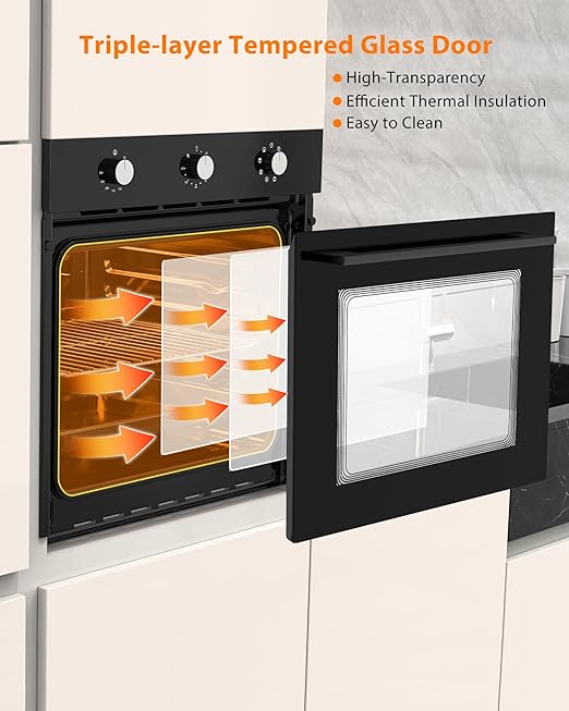 24 Inch Built-in Electric Single Wall Oven, 2.5 Cu.ft Stainless Steel Convection Oven with 8 Cooking Functions, Mechanical Knob Control, 500℉ Max Temperature, 3-Layer Tempered Glass Door