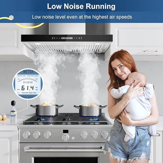 Wall Mount Range Hood 30 inch 600 CFM T Shape with Gesture & Touch Control, Kitchen Vent Hood Ducted/Ductless Convertible, Exhaust Fan 3-speed Stove Hood, Baffle Grease Filter, Stainless Steel