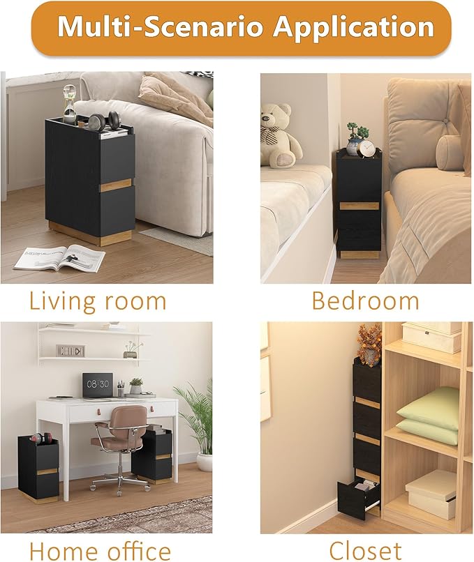 Narrow Night Stands, Modern Slim Nightstand Set of 2, Wooden Skinny Bedside Table 2 Drawers, Stackable Narrow Side Table with Drawers for Small Spaces, Bedroom, Living Room, Black