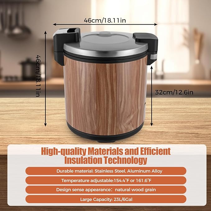 Commercial Rice Cooker 23L/6Gal Stainless Steel Electric Rice Warmer 100 Cup With One-Touch Operation Large Capacity Rice Cooker 110V 110W Wood Color