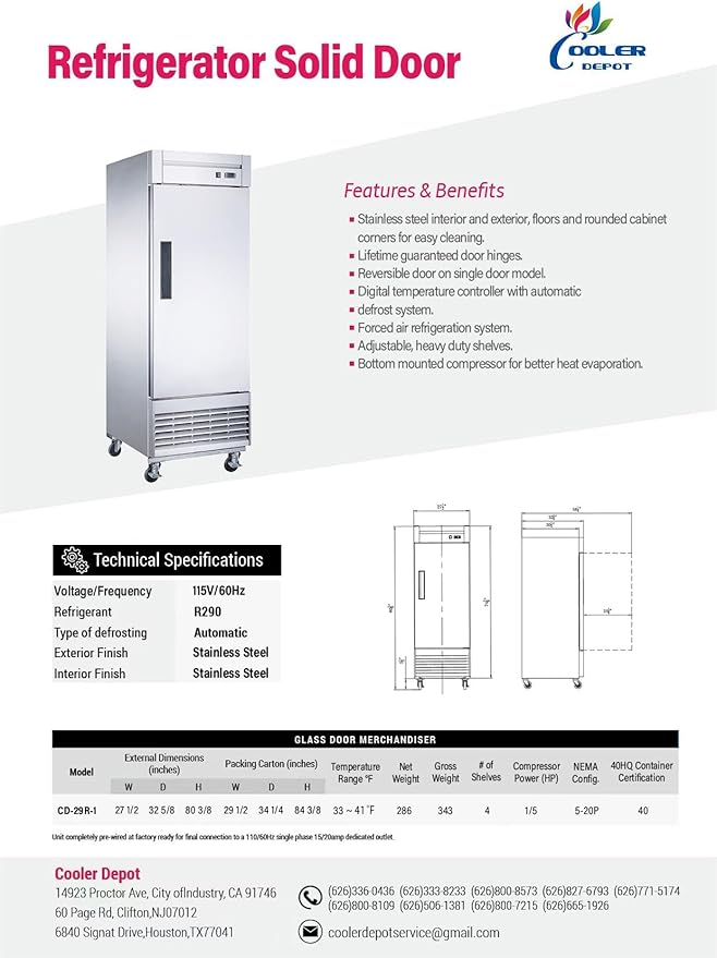 Commercial Refrigerator 1-Door Solid Upright Reach in Stainless Steel NSF 27" Width, Capacity 17.2 Cuft, Bottom Mounted Restaurant Quality Kitchen Cooler Fridge AKR-06881, NSF Certified