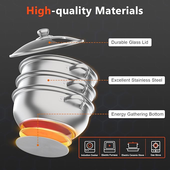 3-Tier Stainless Steel Steamer Pot for Cooking, 11"L Food Steam Pots with Transparent Lid & Rivets Handles, Multi-functions Kitchen Cookware for Cooking, Steaming and Boiling