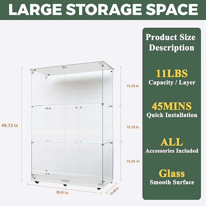 Glass Display Cabinet with LED Light Strip, 3 Shelves with 2 Doors, Glass Top Curio Storage Cabinets with Lock & Caster for Living Room,Floor Standing Bookshelf, Quick Installation - White