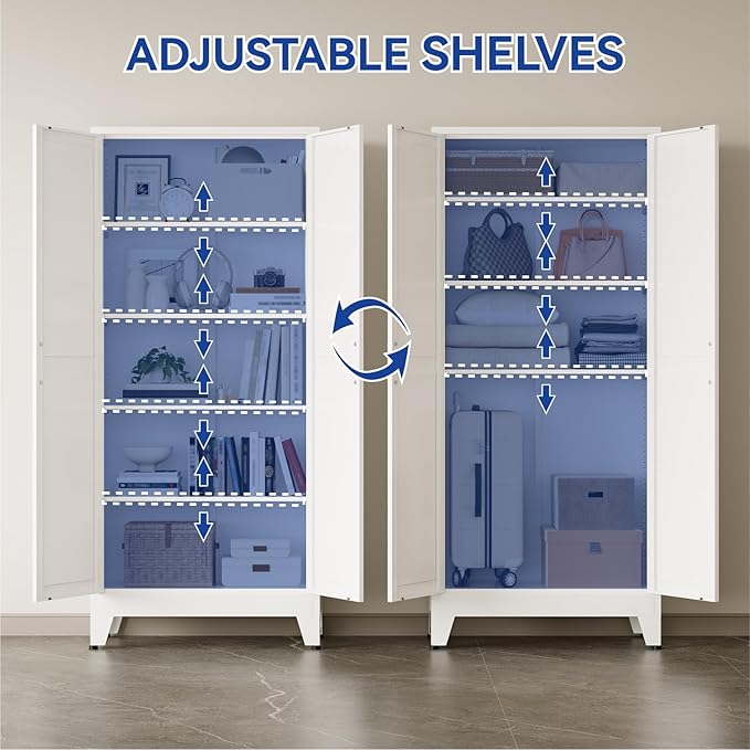 COFaR 71'' Tall Metal Pantry Cabinet, Kitchen Storage Cabinet with Doors and Shelves, Freestanding Farmhouse Food Cupboard for Kitchen Dinning Room Garage, White 5-Tier