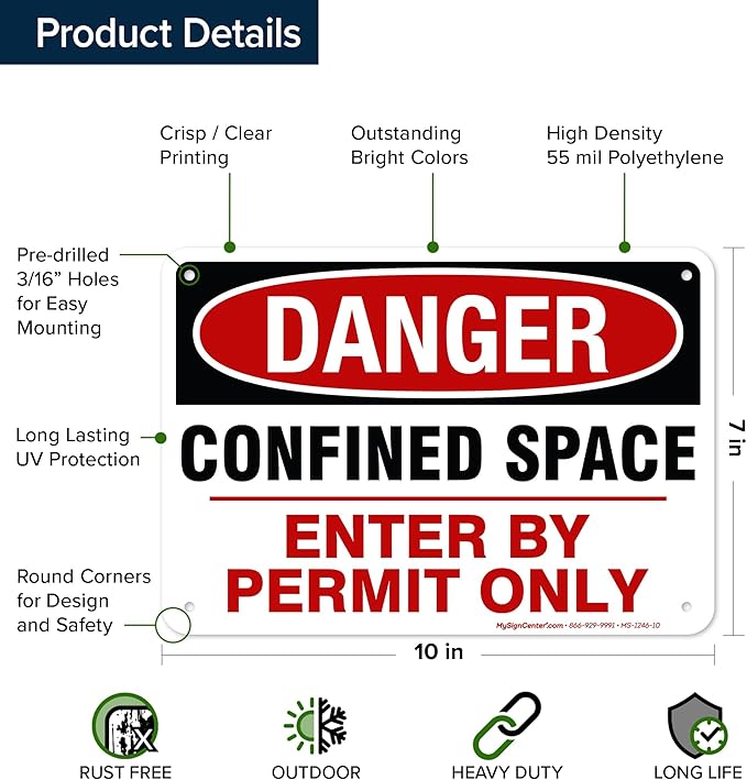 Danger Confined Space Enter By Permit Only Sign, 7x10 Inches, 55 mil thick HDPE (high density polyethylene), Made in USA by My Sign Center
