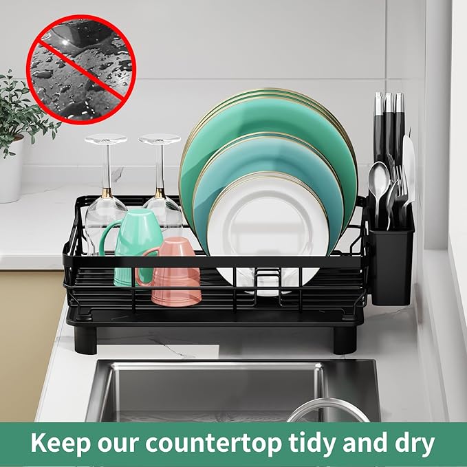 MOUKABAL Dish Drying Rack, Dish Rack, Stainless Steel Dish Racks for Kitchen Counter, Dish Drainer with Removable Utensil Holder, Drainboard (Black)