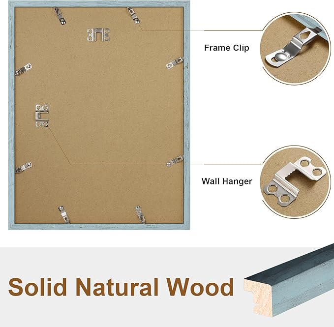 Vittanly 11x14 Picture Frame Set of 2, Solid Wood Frame for Wall Art Photo and Prints, Display Photo 8x10 with Mat or 11x14 without Mat, Rustic Blue