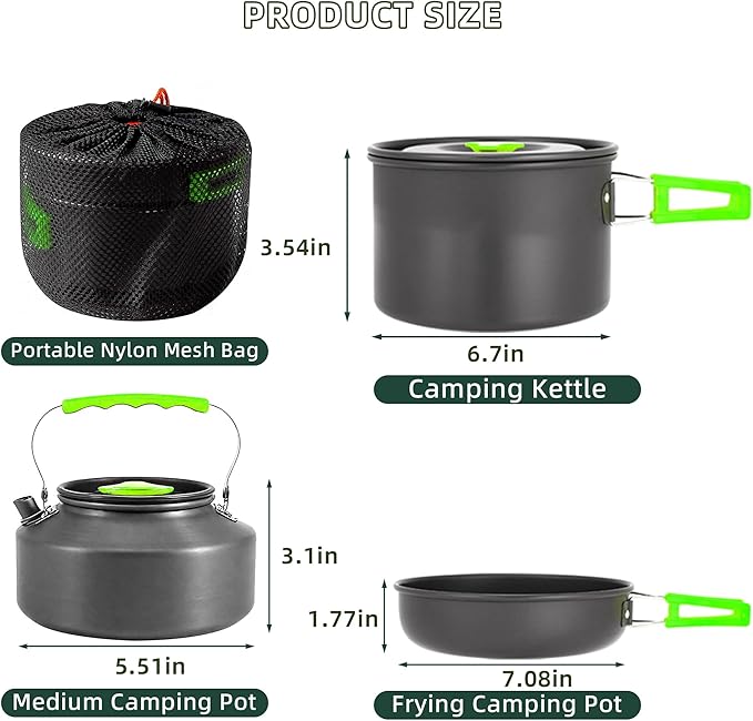 aiGear Camping Cooking Set Cookware Mess Kit with Storage Bag Pot Pan and Teapot Set Camping Accessories for Outdoor Camping Hiking Picnic Portable and Lightweight Aluminum Color Green,Black,Orange