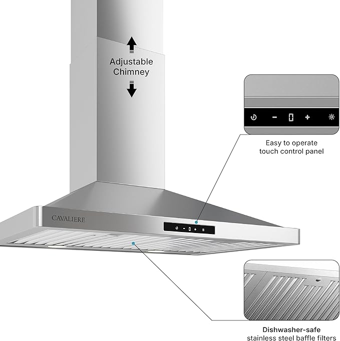 CAVALIERE Digital Wall Mount Range Hood 30 Inch, 3-Year Warranty, Value-Focused 400 CFM, Enhanced Stainless Steel Kitchen Exhaust Fan, LED Light, Baffle Filter, 3 Speed Fan, Touch Control