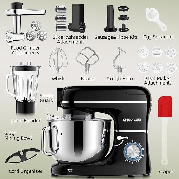 CHeflee Multifunctional Stand Mixer,660W, 6.5QT With Meat Grinder, Vegetable Slicer &1.5L Juice Blender,for Most Home Cooks,Black