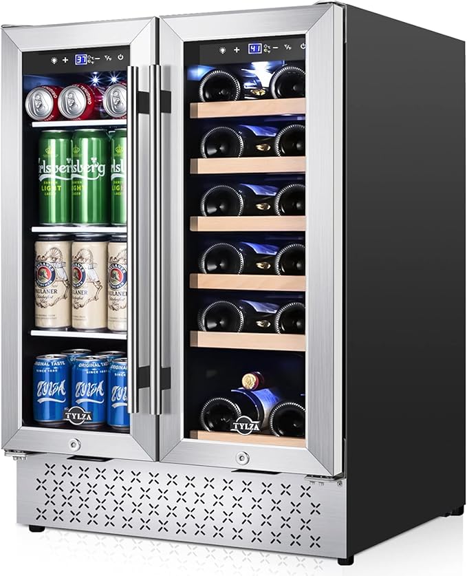 Tylza Wine and Beverage Refrigerator, 24 Inch Dual Zone Wine Fridge, Holds 18 Bottles and 88 Cans, French Doors, Lock, Under-counter or Freestanding Wine Cooler, Beverage Fridge with Tempered Glass