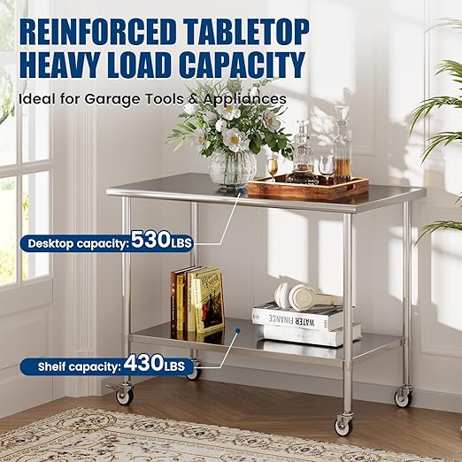 Stainless Steel Work Table with Wheels, 30x60 Inch NSF Kitchen Prep Table with Adjustable Undershelf for Commercial Restaurant, Garage, Outdoor BBQ
