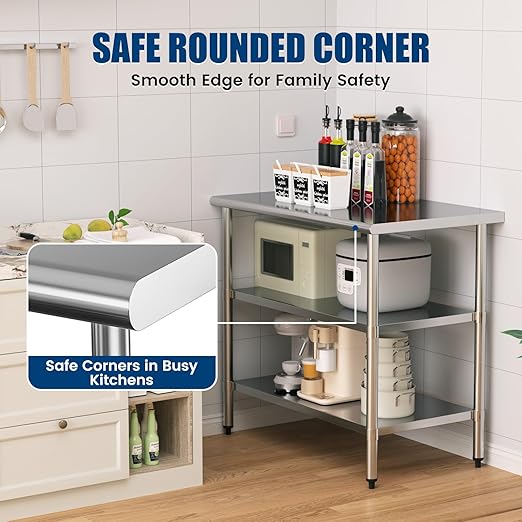 Stainless Steel Work Table 24 x 48 Inch with 2 Adjustable Undershelves, Heavy-Duty Metal Prep Table for Commercial Kitchen & Restaurant, Garage, Outdoor