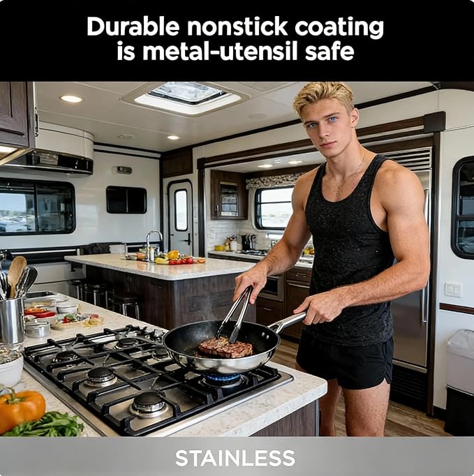 RV pan Stainless Steel Non Stick Fry Pan Set,8 & 10 Inch,Gas Electric Induction Compatible,PFOA Free,Dishwasher Safe,Oven Safe up to 500°F,2-Piece Cookware,Even Heat Distribution & Stay Cool Handles.
