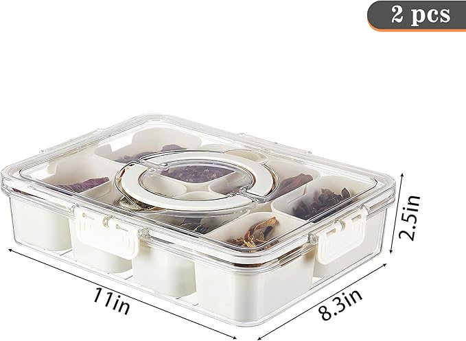 MineSign 2Pack Snackle Box with Handle for Food Serving Tray Snack Platter with Lids Stackable Fruit&Veggie Container with 8 Small Removable Boxes for Snack Charcuterie Candy Nuts Spice