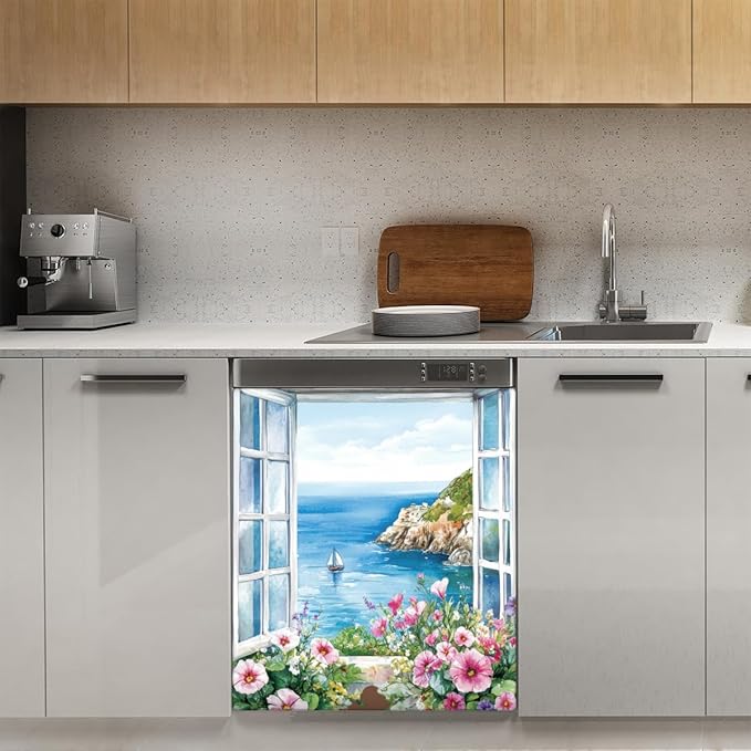 Dishwasher Magnet Cover Flower Ocean Beautiful Dishwasher Decorative Cover Front Dishwasher Door Cover Reuseable Dishwasher Cover Panel Decal for Kitchen Refrigerator Home Appliances 23" X 26"