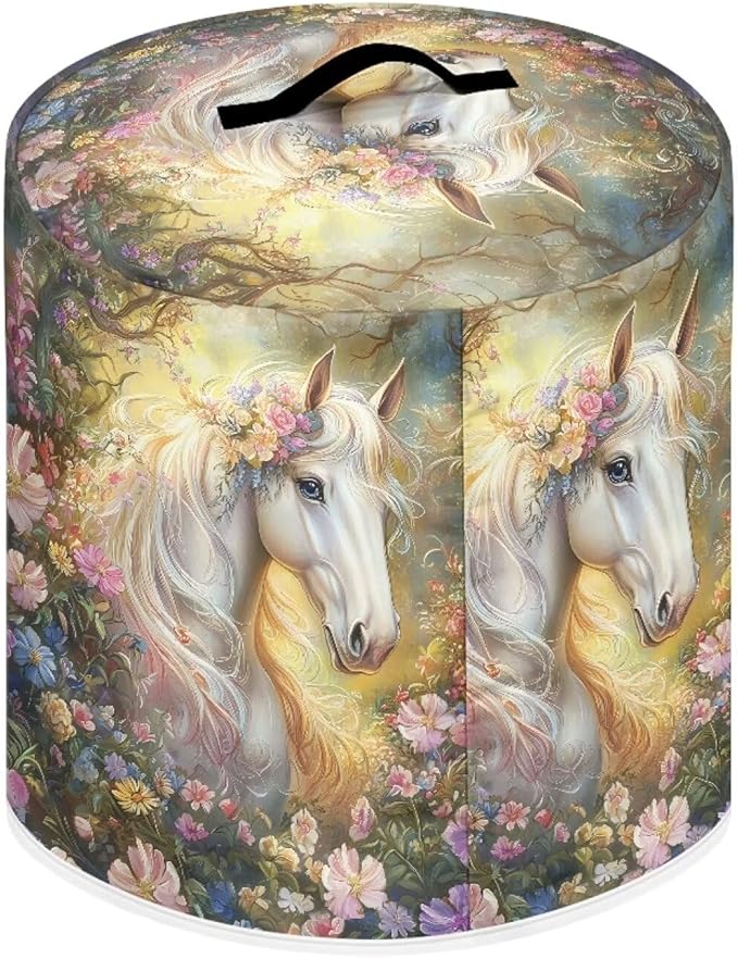 TODIYADDU White Horse Floral Pressure Cooker Cover with Pocket Novelty Air Fryer Cover Dust Cover Insulated Kitchen Appliance Cover Protector for Pressure Cooker Instant Pot Accessories Presents, L