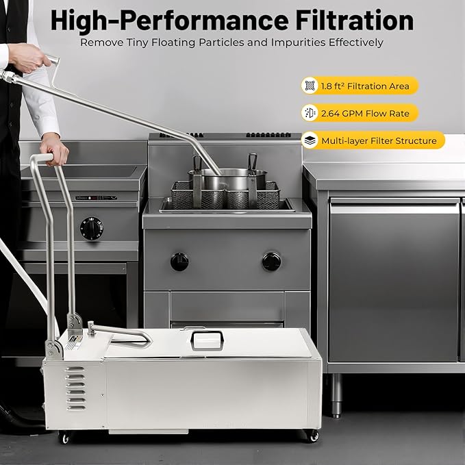 Mobile Fryer Filter Machine, 370W 110V 55L/14.5 Gal Commercial Oil Filler Cart Truck Separator Stainless Steel Cooking Oil Filtration System with 10L/2.64/Gal/min Pump for Supermarket Restaurant