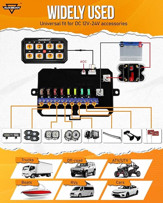 Auxbeam 8 Gang Switch Panel RA80 XL RGB Momentary Pulsed Toggle Switch Panel, Dimmable Backlight Multifunction Switch Panel with Memory Function for 12-24V Truck Offroad Car Marine, 2 Years Warranty