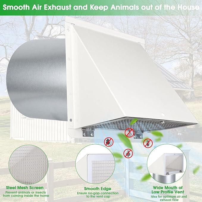 6 Inch Hooded Wall Vent with Screen and Damper,6 Inch Exhaust Vent Cover Cap for Outdoor Kitchen Range Hood Dryer Ventilation,Outside Wall Mount Extractor for House Air Exhaust,Galvanized Steel,White