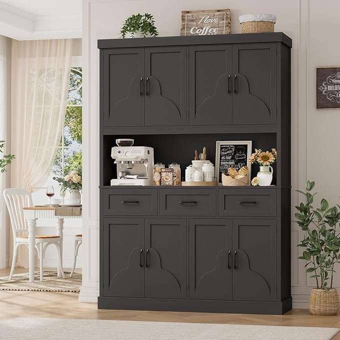 HITHOS 76" Tall Kitchen Pantry Storage Cabinet, 55“ Wide Kitchen Hutch Cabinet with Storage Drawers, Large Food Pantry with Microwave Stand, Modern Cupboard with Hutch for Dining Living Room, Black