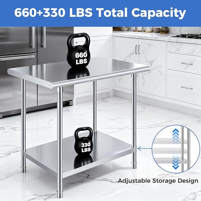 OSTBA Stainless Steel Table for Prep & Work 24x24 Inches, NSF Metal Commercial Heavy Duty Table with Adjustable Undershelf and Adjustable Foot for Restaurant Kitchen Home and Hotel